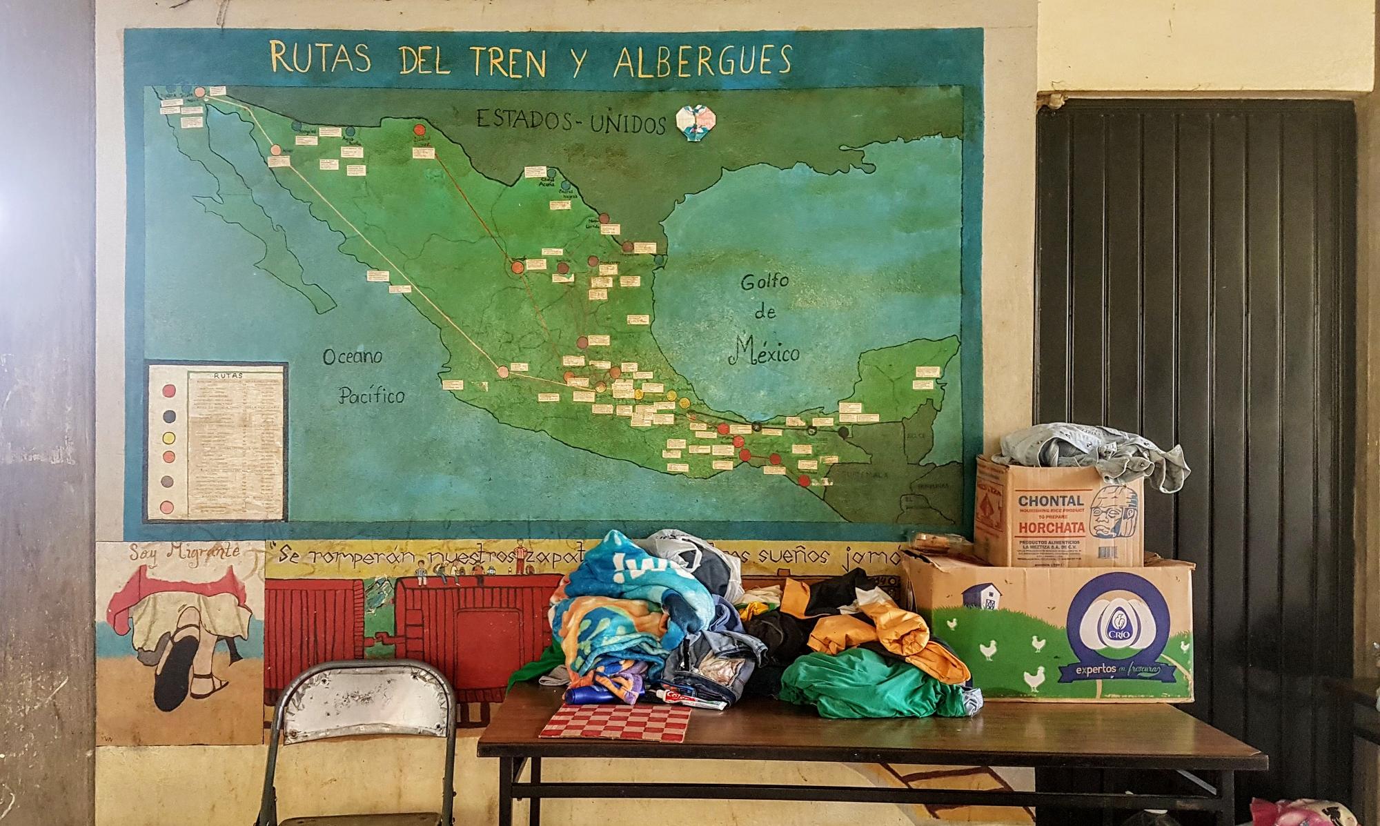 A map in a shelter in Palenque showing the train routes that a lot of migrants take to cross Mexico.